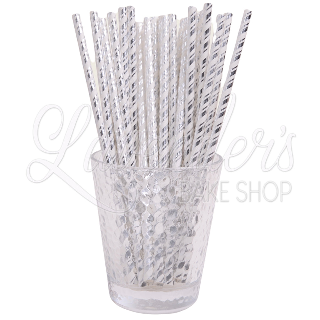 METALLIC WHITE WITH SILVER STRIPES Paper Straws
