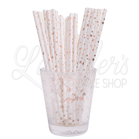 WHITE WITH METALLIC ROSE GOLD STARS  Paper Straws