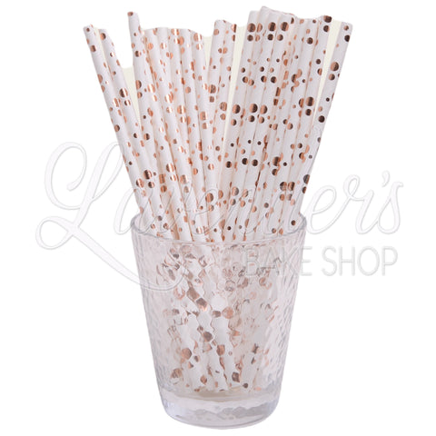 WHITE WITH METALLIC ROSE GOLD DOTS Paper Straws