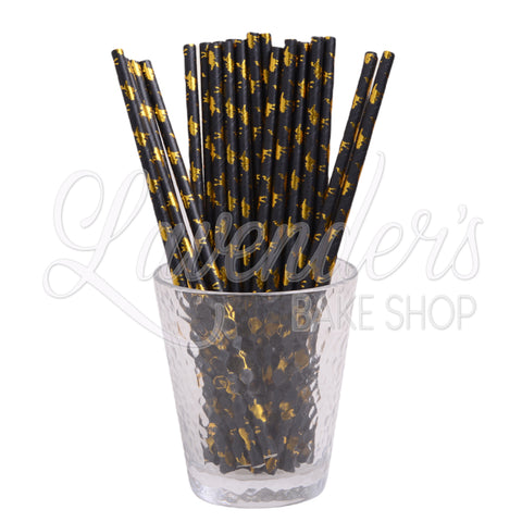 METALLIC BLACK & GOLD UNICORN Paper Straws