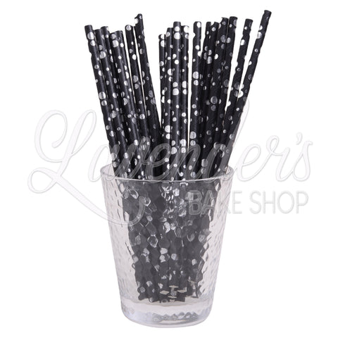 METALLIC BLACK & SILVER DOTS Paper Straws