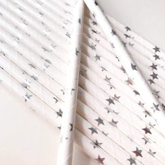 METALLIC WHITE & SILVER STARS Paper Straws