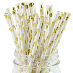 METALLIC WHITE & Gold  Polka Dots Paper Straws
