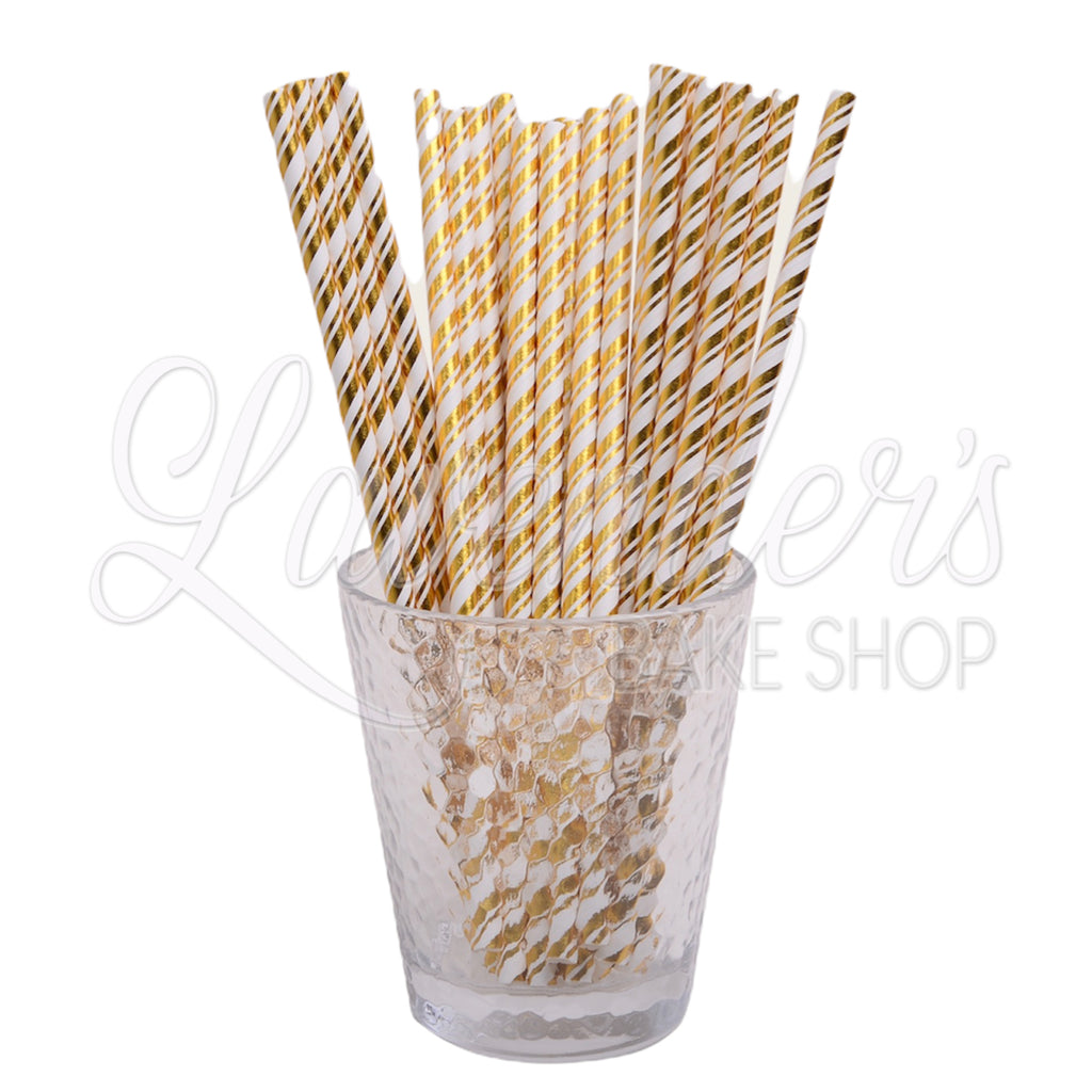 METALLIC WHITE WITH GOLD STRIPES Paper Straws