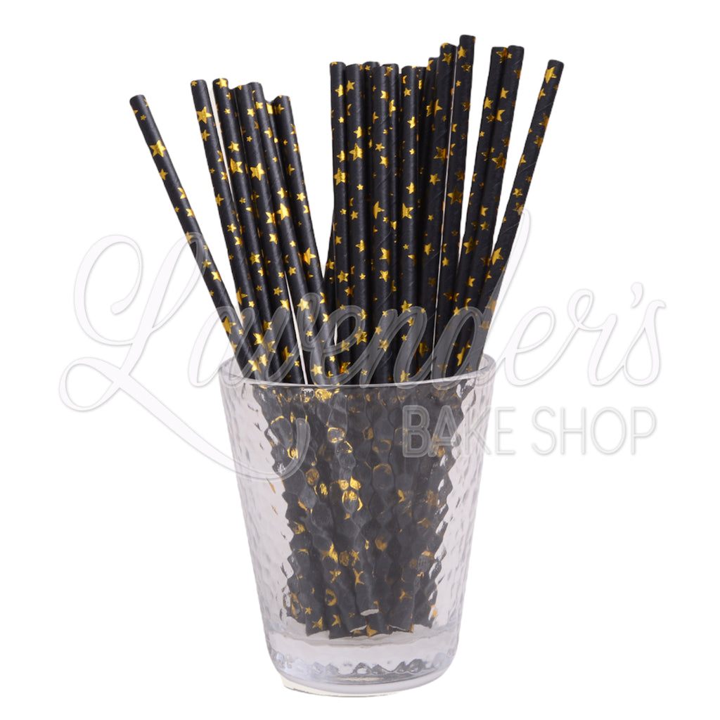 METALLIC BLACK & GOLD STARS Paper Straws