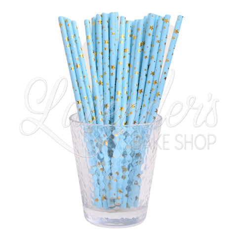 METALLIC BABY BLUE & GOLD STARS Paper Straws