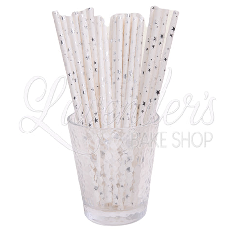 METALLIC WHITE & SILVER STARS Paper Straws