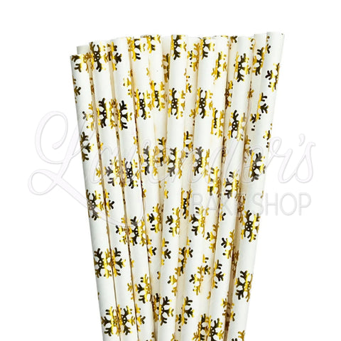 METALLIC WHITE & GOLD SNOWFLAKES Paper Straws